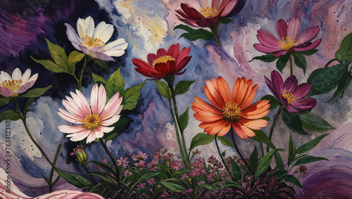 Gorgeous colorful cosmos flowers in spring bloom, growing on a rocky mountain meadow, sublime watercolor painting like art of nature's beauty and splendor  © SoulMyst