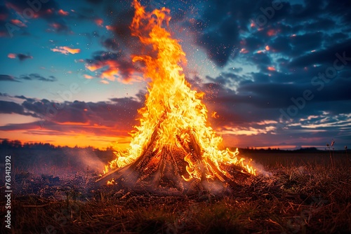 illustrated bonfire in the night for holika dahan in village with peoples, rules of third,extreme right photo