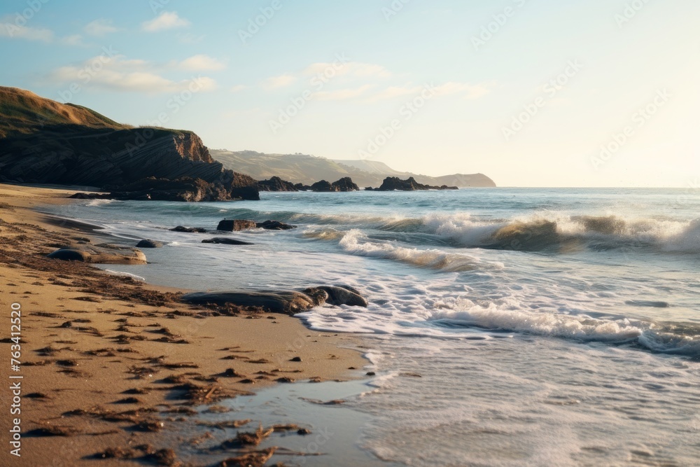 Fototapeta premium Peaceful coastal scene with gentle waves lapping on the shore