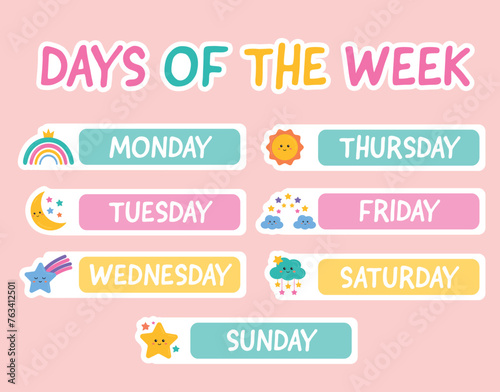 Collection of 7 days of the week. Lettering stickers with days for planer stickers, scrapbooking, bullet journal, weekly planner. Days of the week stickers set. Inscription, lettering.
