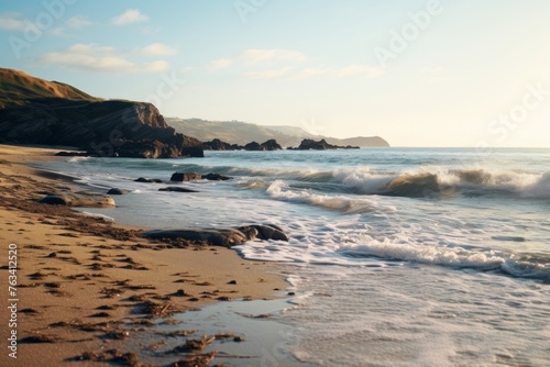 Peaceful coastal scene with gentle waves lapping on the shore