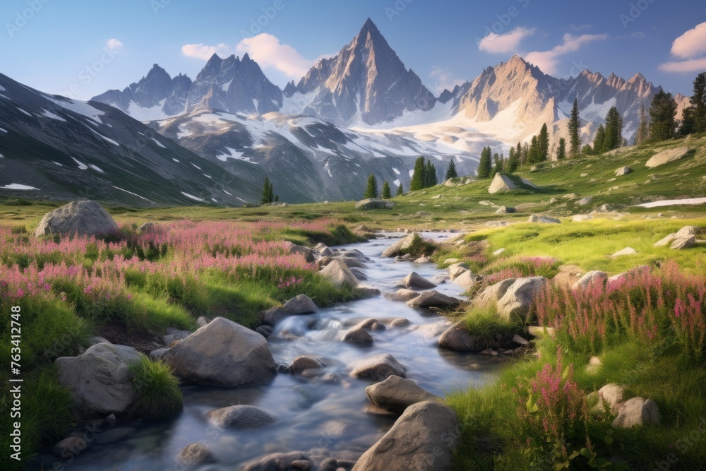 Pristine alpine meadow with a backdrop of towering peaks