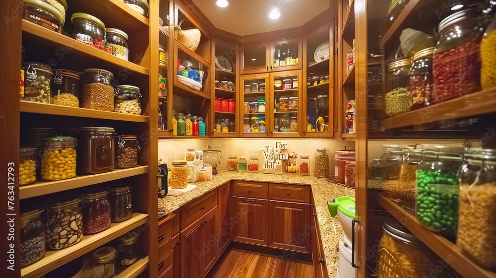 Kitchen pantry storage room for home supplies organized with food containers and glass jars