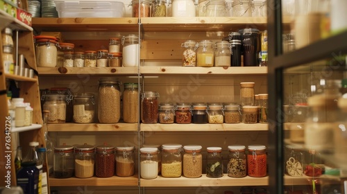 Kitchen pantry storage room for home supplies organized with food containers and glass jars © Media Srock