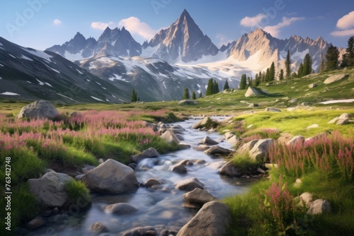 Pristine alpine meadow with a backdrop of towering peaks © KerXing