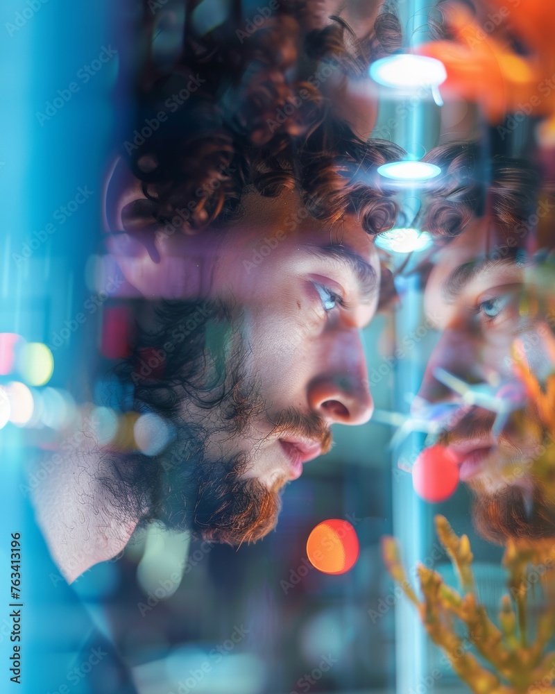 Focused young man engaging with smart aquarium technology, surrounded by blurred urban lights, showcasing modern connectivity and urban lifestyle Focused young man engaging with smart aquarium technology, surrounded by blurred urban lights, showcasing modern connectivity and urban lifestyle