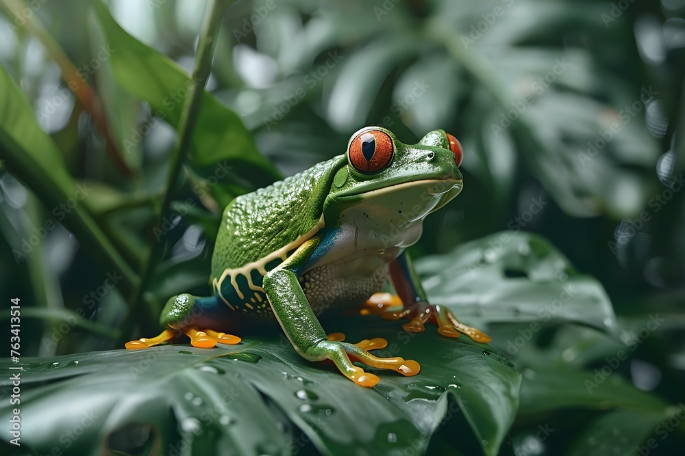 Fototapeta premium Red-eyed Frog of Costa Rica in its vibrant lush rainforest habitat. Concept Frogs, Rainforest, Costa Rica, Wildlife Photography, Biodiversity