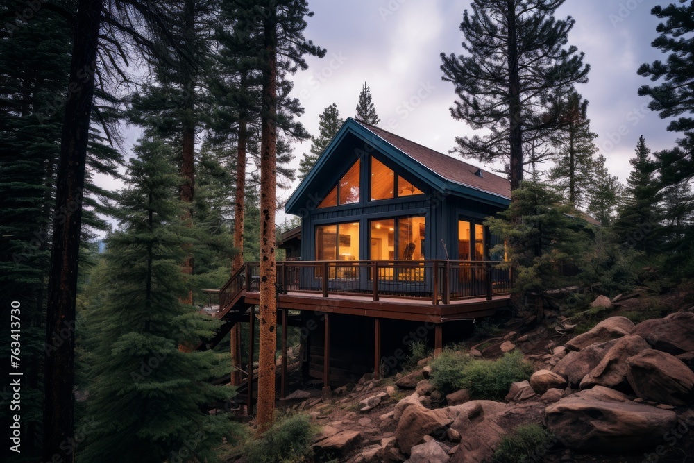 Secluded cabin nestled among towering pine trees in the wilderness Secluded cabin nestled among towering pine trees in the wilderness