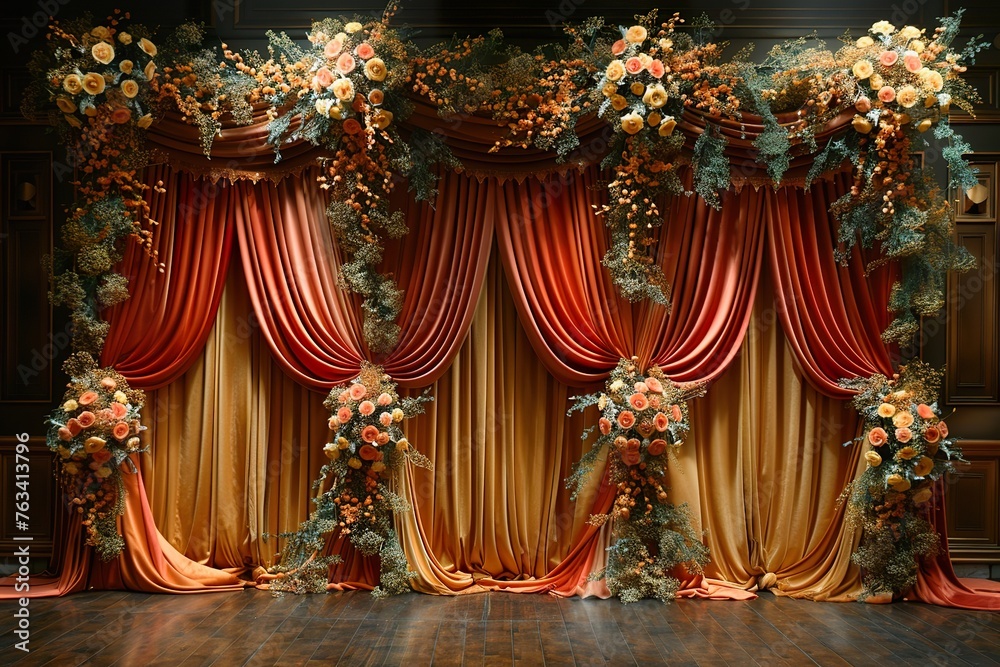 red with golden curtain wedding stage with flowers frames,