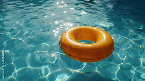 Yellow swimming pool ring float in blue water