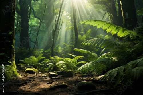 Sunlit fern-covered forest floor creating a serene and magical atmosphere © KerXing