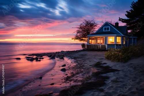 Sunset glow on the water from a serene beachfront cottage