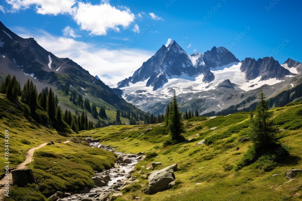 Towering peaks and alpine meadows under a brilliant blue sky