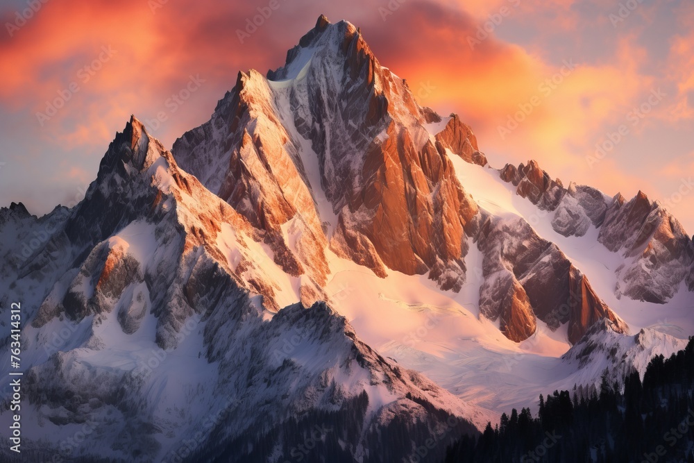 Towering peaks bathed in alpenglow during a serene alpine sunset
