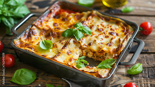 Baked lasagna with mozzarella cheese and tomato on wooden background © Liliya