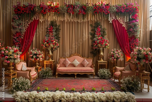 red with golden curtain wedding stage with flowers frames,