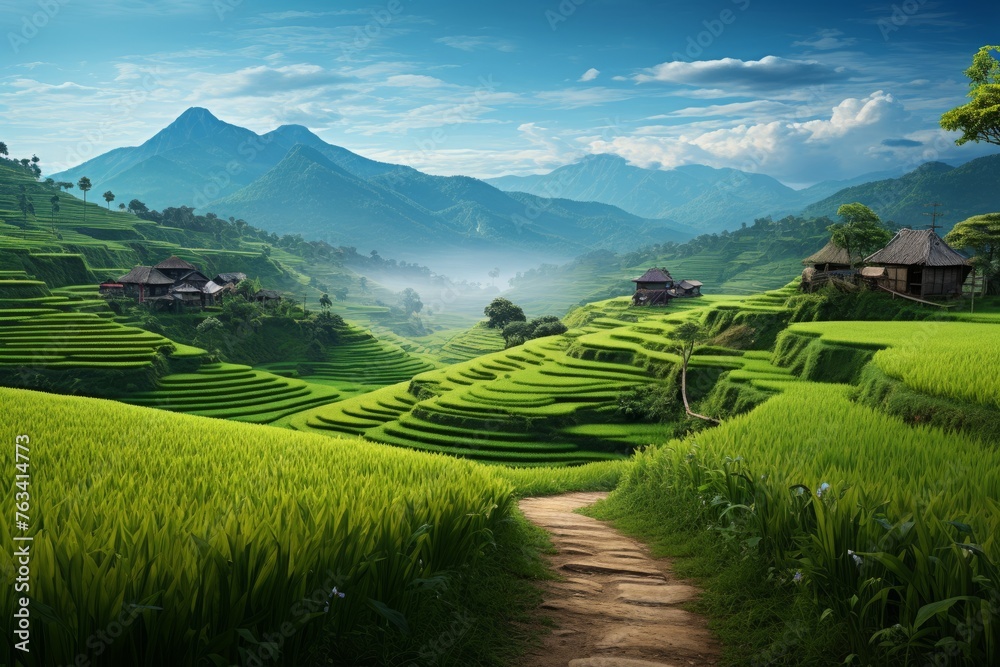 Tranquil paddy field scene with a winding path through the crops