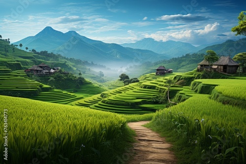 Tranquil paddy field scene with a winding path through the crops © KerXing