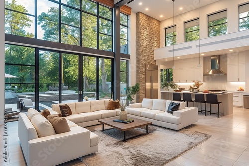 Beautiful living room interior in new luxury home with open concept floor plan. Shows kitchen, dining room, and wall of windows with amazing exterior © interior
