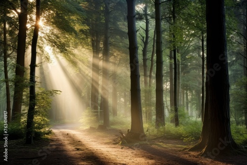 Tranquil woodland with sunlight filtering through tall trees © KerXing