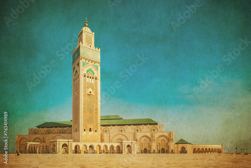 Vintage image of Hassan II Mosque, Casablanca. Morocco..