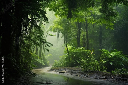 Serene forest stream surrounded by vibrant green foliage