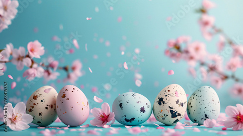 Pastel colors Easter eggs with cherry blossom on blue background, Easter and springtime concept backdrop