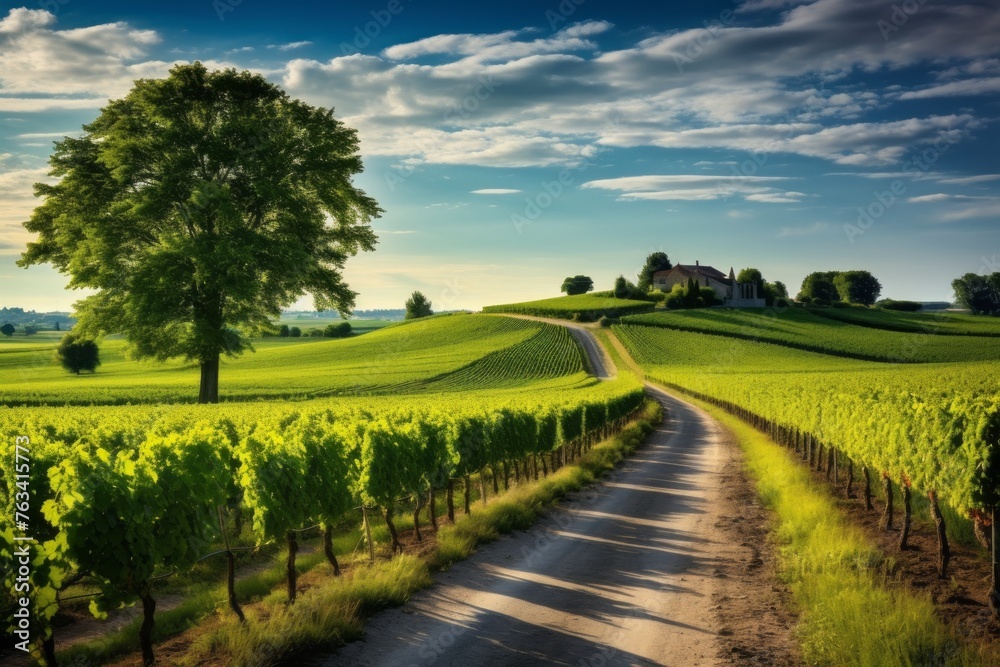 Obraz premium A road through a picturesque vineyard in rural