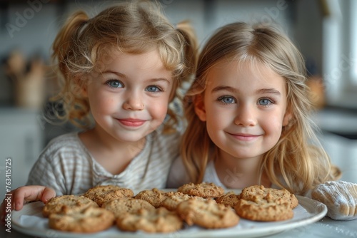 Adorable twin girls with blue eyes smiling while presenting a plate of freshly baked cookies