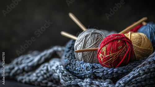 Woolen yarn and knitting needles on dark background with copy space