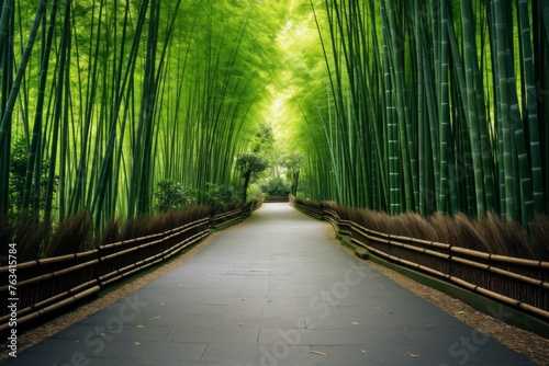 A road through a serene bamboo grove, ideal for Zen-themed concepts