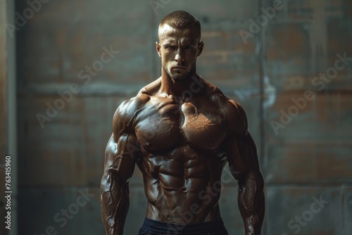 A physically fit man stands with his impressive muscular physique on display, highlighting fitness and strength