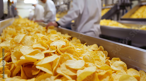Potato chips in a conveyor belt in a modern food factory