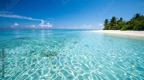 Beautiful beach at Maldives with few palm trees and blue lagoon
