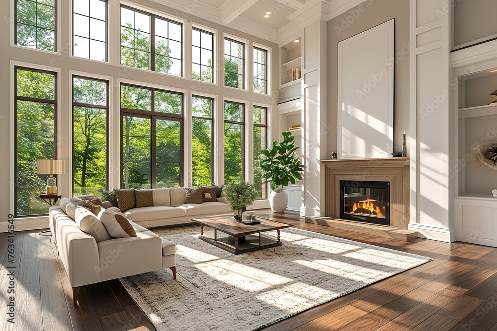Beautiful living room interior with hardwood floors and fireplace in new luxury home. Large bank of windows hints at exterior view. AI generative