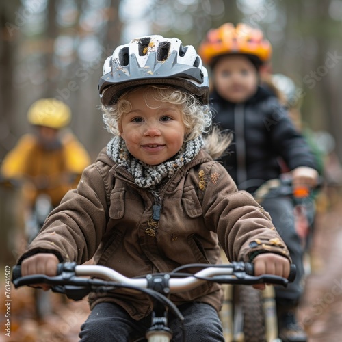 A toddler with a safety helmet rides a bike followed by friends on a forest trail, depicting adventure and early childhood