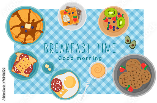 Breakfast set with fruits bacon and eggs, parsley, toast with sausage and cheese. Breakfast concept with fresh food, top view. Meal Time. Vector illustration in flat design,