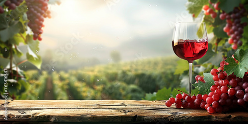 Wood table top with a glass of red wine on blurred vineyard landscape background