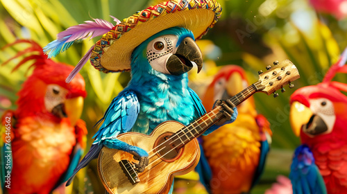 A parrot wearing a tiny sombrero and playing a tiny guitar, surrounded by a mariachi band of other colorful birds with humorous expressions super realistic