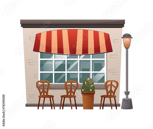 Image of Italian houses and courtyards. This captivating image of an Italian cafe is done in a colorful style that adds sophistication to any space. Vector illustration.