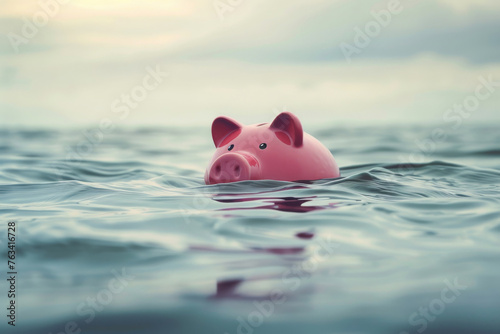 A piggy bank struggles to stay afloat in waters, financial crisis and debt concept.