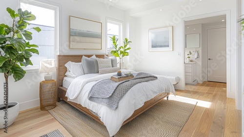 A Scandinavian-style bedroom  minimalistic design of a bedroom with a large bed.