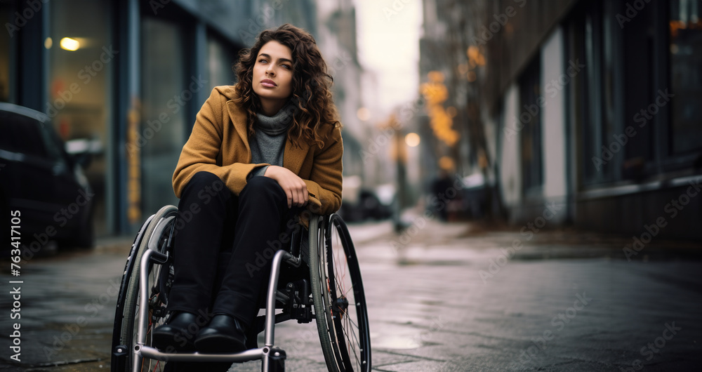 young Italian woman in a wheelchair is sad, angry at the lack of freedom of movement on the city streets, depression in people with disabilities,Generated AI young Italian woman in a wheelchair is sad, angry at the lack of freedom of movement on the city streets, depression in people with disabilities,Generated AI