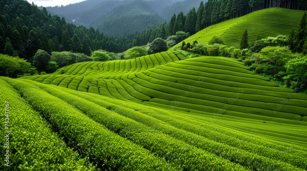A lush green field with rows of tea plants. Concept of tranquility and serenity, as the vast expanse of green fields stretches out all the valley.