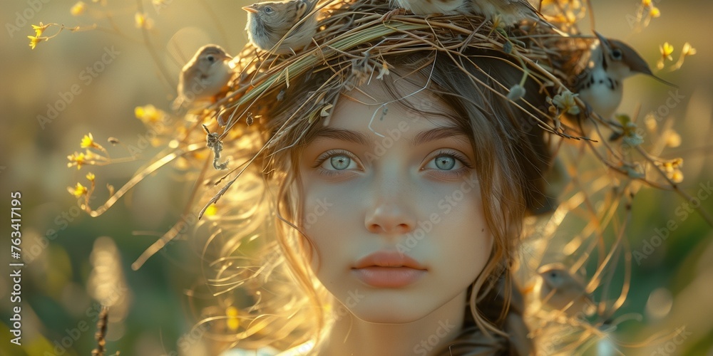 beautiful young woman with nest on her head in spring