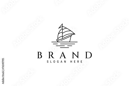 sailing ship logo on the ocean in line art design style