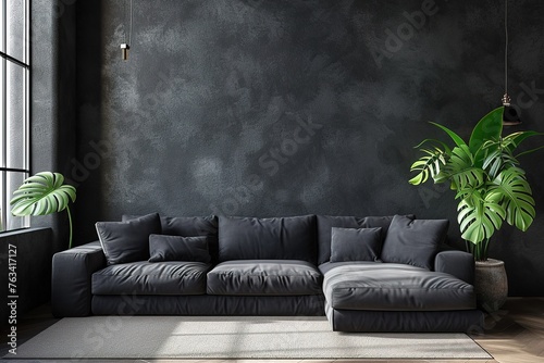 Black interior modern classic. A large black sofa, a sofa in expensive fabric, a green houseplant. Black dark room. © interior
