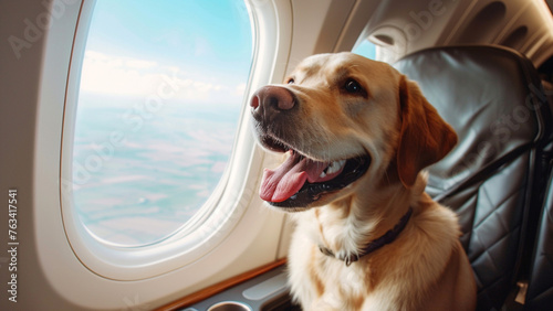 Happy Labrador Retriever sitting near the window on the airplane