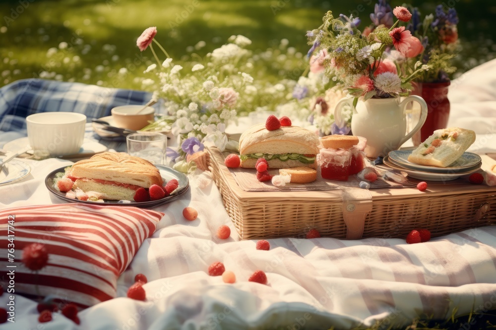 Mockup of a spring picnic setup with a blanket, sandwiches, and fresh fruits