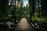 Serene forest sky background with a wooden bridge over a stream
